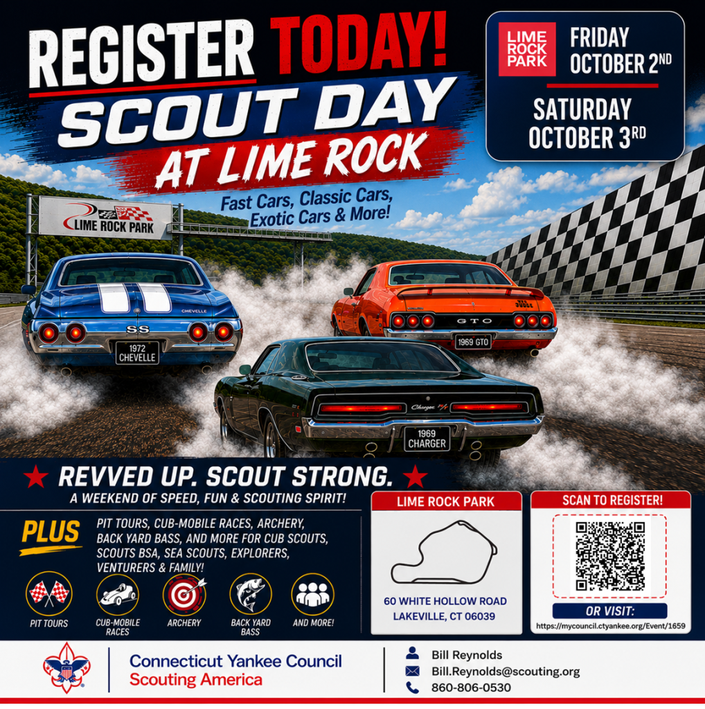 2026 Scout Day at Lime Rock Register Today Social Media Flyer